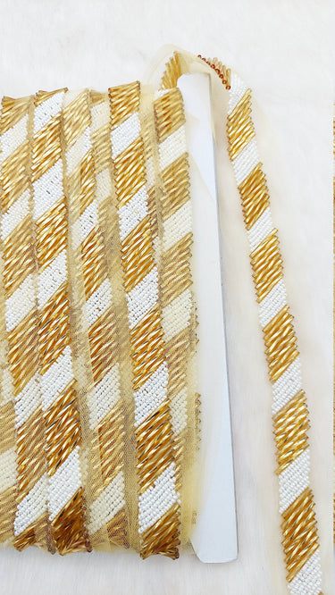 Beige Net Bridal Trim In Gold And White Beaded Embroidery, Hand Embroidered Bead Lace, Embroidered Lace